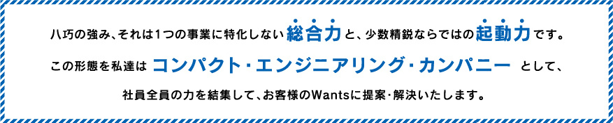 八巧の強み、それは1つの事業に特化しない総合力と、少数精鋭ならではの起動力です。この形態を私達はコンパクト・エンジニアリング・カンパニーとして、社員全員の力を結集して、お客様のWantsに提案・解決いたします。